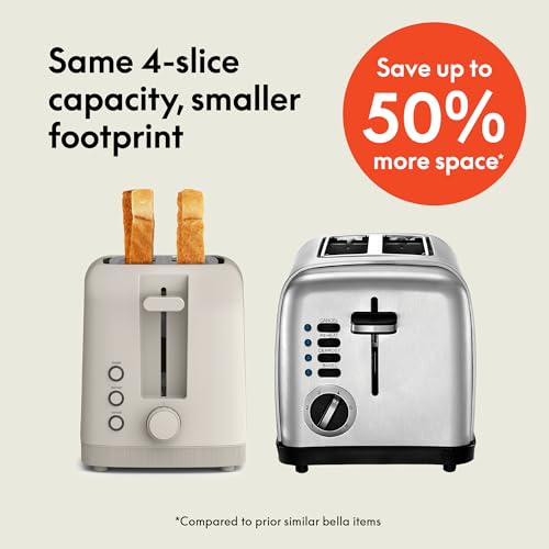 bella 4 Slice Slim Toaster, Fits-anywhere™ Kitchenware, 6 Setting Shade Control with Reheat & Cancel Buttons, Fits Sourdough, 10” Long Slot, Anti Jam & Auto Shutoff, 900 Watt, Oatmilk
