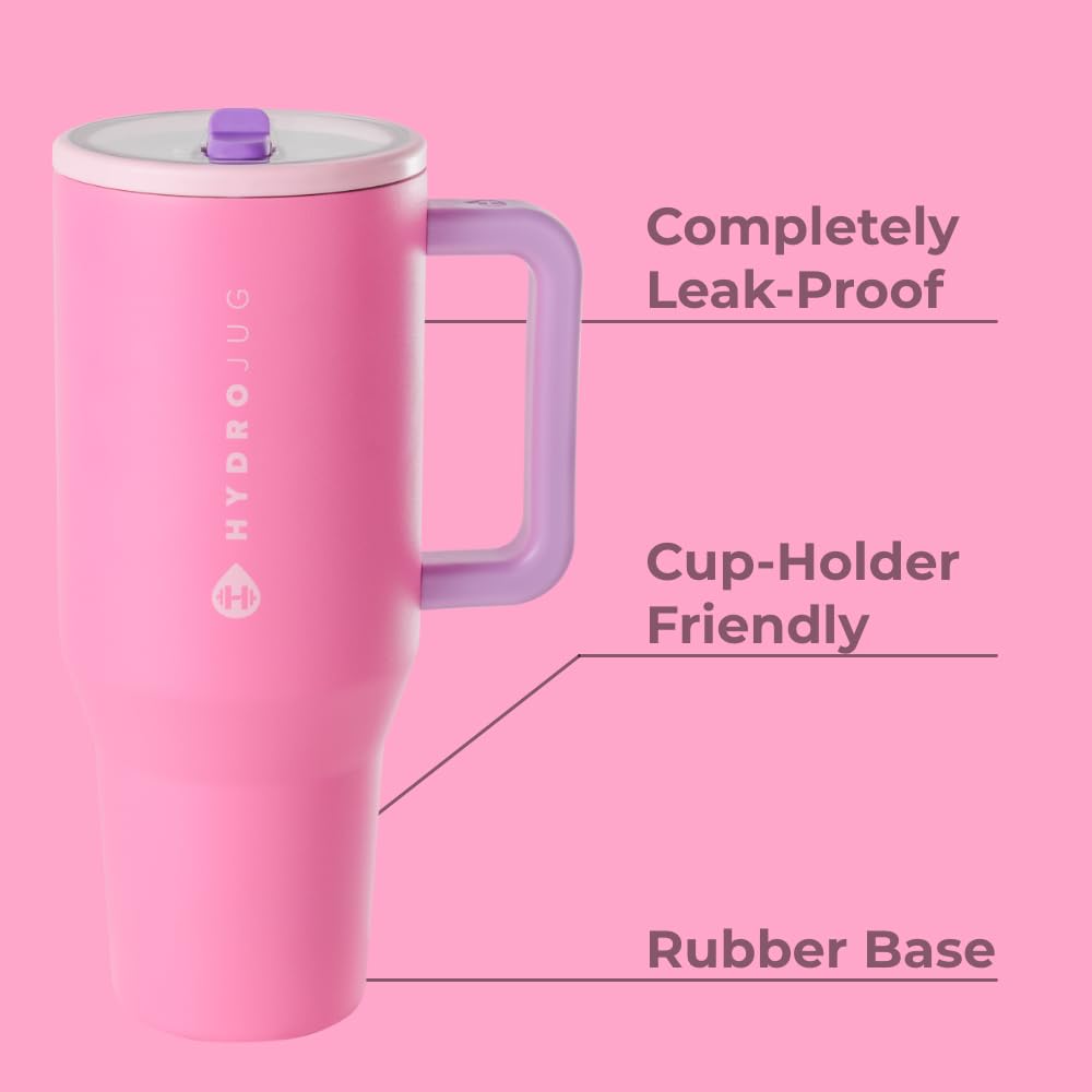 HydroJug Traveler - 32 oz Water Bottle with Handle & Flip Straw - Fits in Cup Holder, Leak Resistant Tumbler-Reusable Insulated Stainless Steel & Rubber Base - Gifts for Women & Men, Pink Sand
