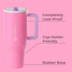 HydroJug Traveler - 32 oz Water Bottle with Handle & Flip Straw - Fits in Cup Holder, Leak Resistant Tumbler-Reusable Insulated Stainless Steel & Rubber Base - Gifts for Women & Men, Pink Sand