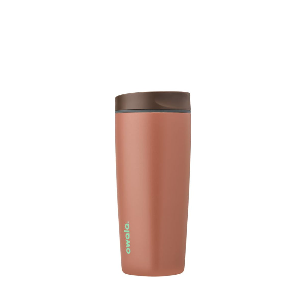 Owala SmoothSip Slider Insulated Stainless Steel Coffee Tumbler, Reusable Iced Coffee Cup, Hot Coffee Travel Mug, BPA Free 12 oz, Tan/White (Vanilla Bean)
