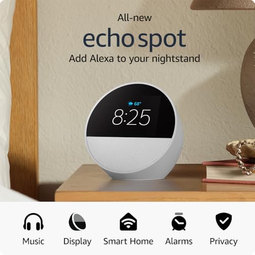 Amazon Echo Spot, Great for nightstands, offices and kitchens, Smart alarm clock with Alexa, Black