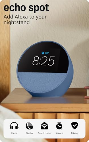 Amazon Echo Spot, Great for nightstands, offices and kitchens, Smart alarm clock with Alexa, Black