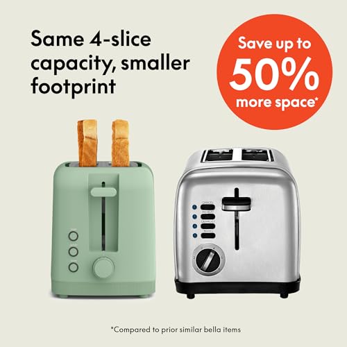 bella 4 Slice Slim Toaster, Fits-anywhere™ Kitchenware, 6 Setting Shade Control with Reheat & Cancel Buttons, Fits Sourdough, 10” Long Slot, Anti Jam & Auto Shutoff, 900 Watt, Oatmilk