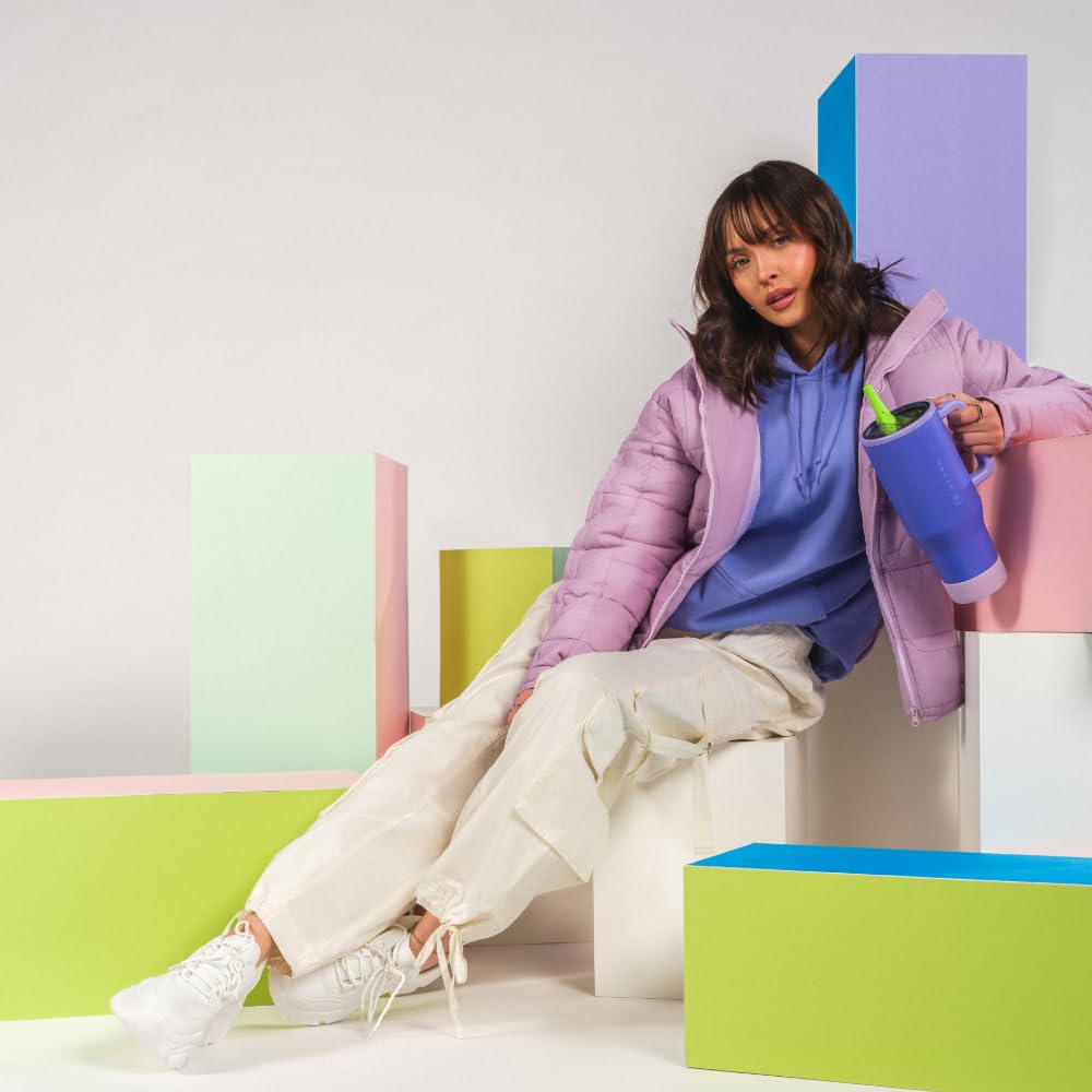 HydroJug Traveler - 32 oz Water Bottle with Handle & Flip Straw - Fits in Cup Holder, Leak Resistant Tumbler-Reusable Insulated Stainless Steel & Rubber Base - Gifts for Women & Men, Pink Sand