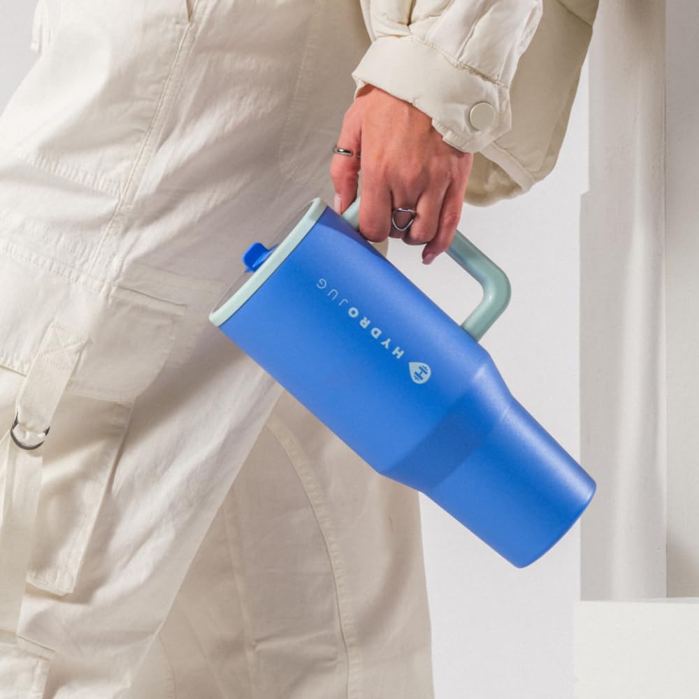 HydroJug Traveler - 32 oz Water Bottle with Handle & Flip Straw - Fits in Cup Holder, Leak Resistant Tumbler-Reusable Insulated Stainless Steel & Rubber Base - Gifts for Women & Men, Pink Sand