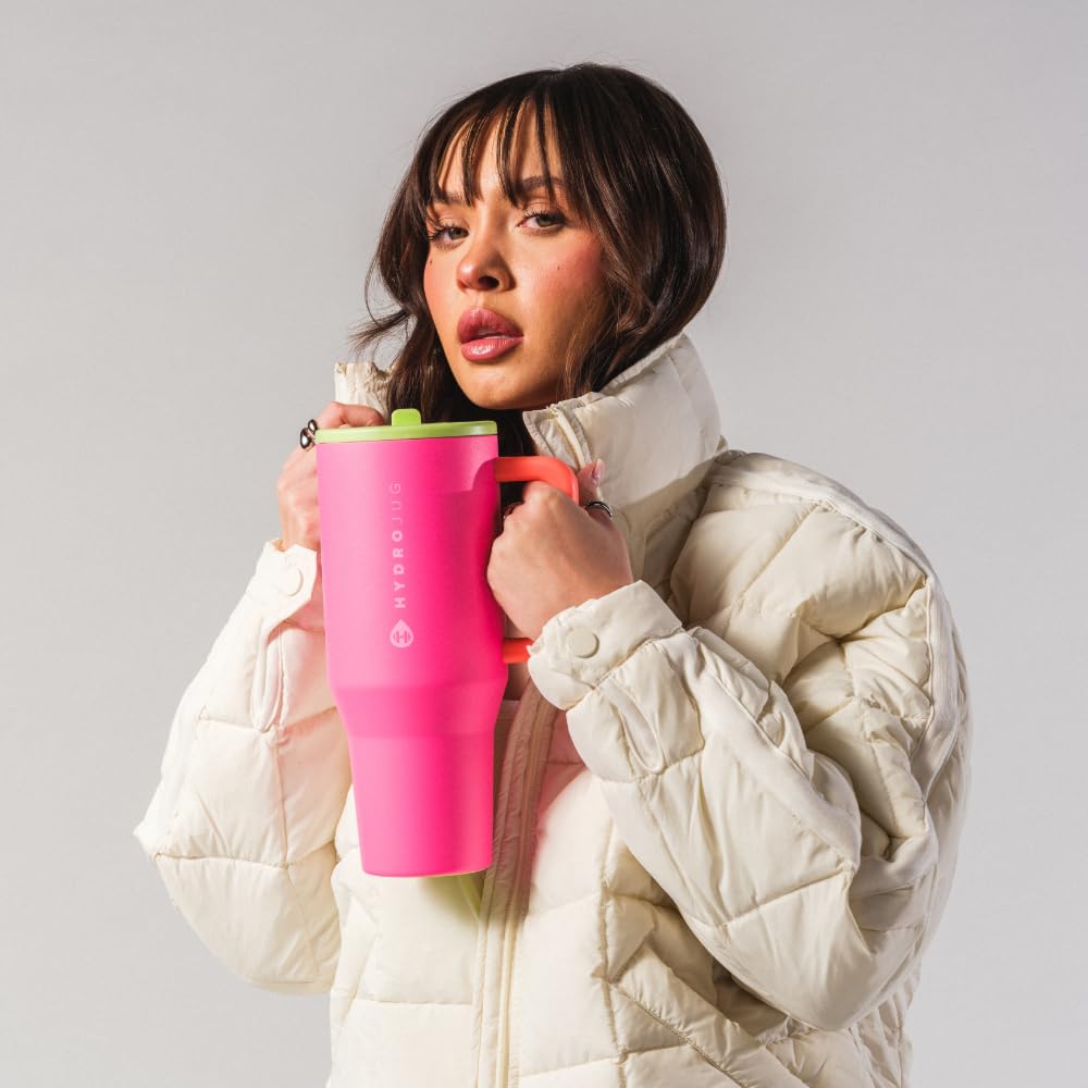 HydroJug Traveler - 32 oz Water Bottle with Handle & Flip Straw - Fits in Cup Holder, Leak Resistant Tumbler-Reusable Insulated Stainless Steel & Rubber Base - Gifts for Women & Men, Pink Sand