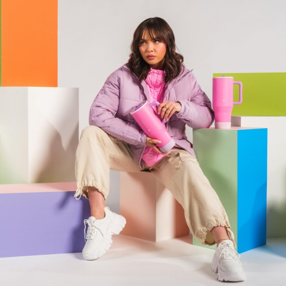 HydroJug Traveler - 32 oz Water Bottle with Handle & Flip Straw - Fits in Cup Holder, Leak Resistant Tumbler-Reusable Insulated Stainless Steel & Rubber Base - Gifts for Women & Men, Pink Sand