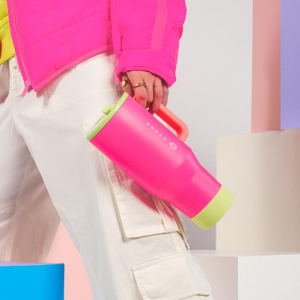 HydroJug Traveler - 32 oz Water Bottle with Handle & Flip Straw - Fits in Cup Holder, Leak Resistant Tumbler-Reusable Insulated Stainless Steel & Rubber Base - Gifts for Women & Men, Pink Sand