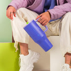 HydroJug Traveler - 32 oz Water Bottle with Handle & Flip Straw - Fits in Cup Holder, Leak Resistant Tumbler-Reusable Insulated Stainless Steel & Rubber Base - Gifts for Women & Men, Pink Sand