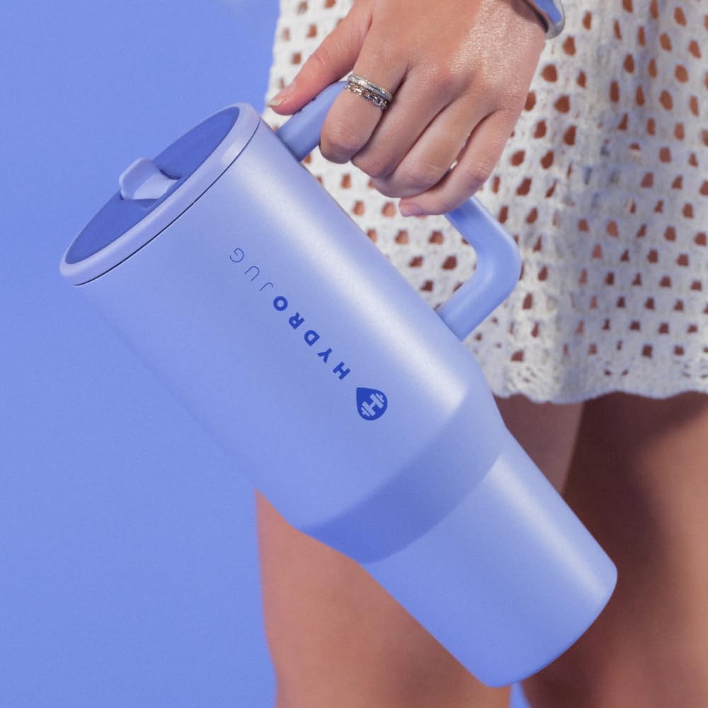 HydroJug Traveler - 32 oz Water Bottle with Handle & Flip Straw - Fits in Cup Holder, Leak Resistant Tumbler-Reusable Insulated Stainless Steel & Rubber Base - Gifts for Women & Men, Pink Sand