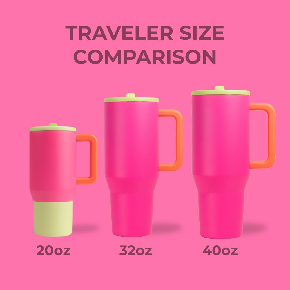 HydroJug Traveler - 32 oz Water Bottle with Handle & Flip Straw - Fits in Cup Holder, Leak Resistant Tumbler-Reusable Insulated Stainless Steel & Rubber Base - Gifts for Women & Men, Pink Sand