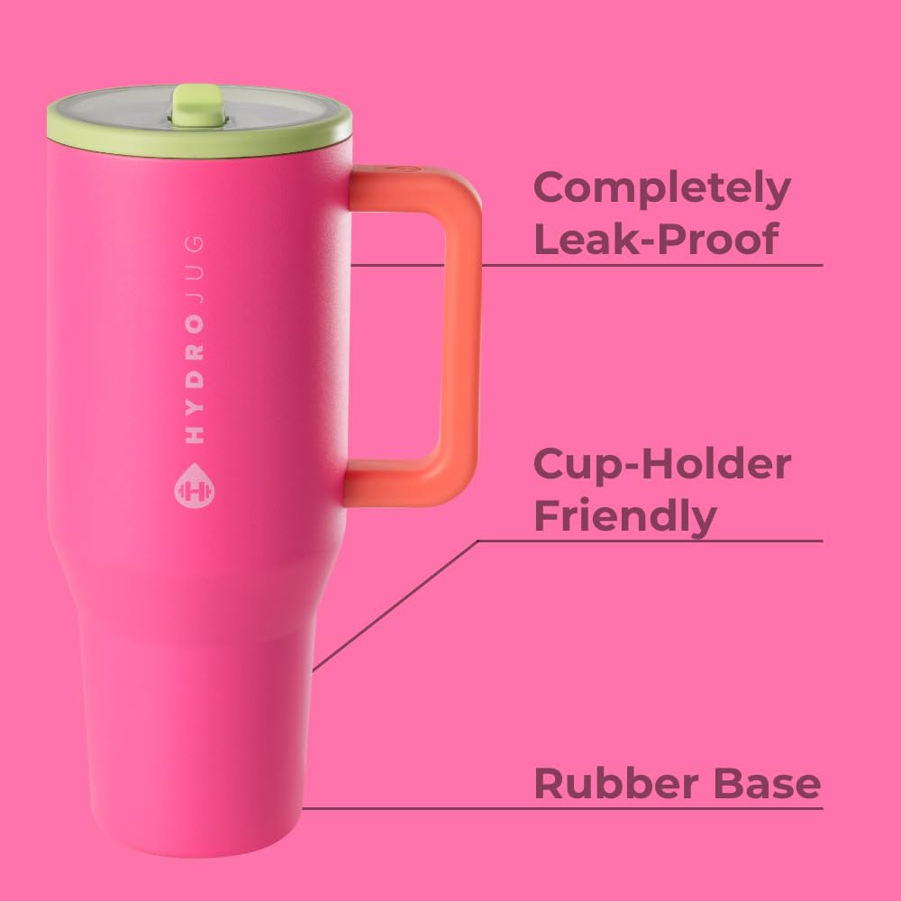HydroJug Traveler - 32 oz Water Bottle with Handle & Flip Straw - Fits in Cup Holder, Leak Resistant Tumbler-Reusable Insulated Stainless Steel & Rubber Base - Gifts for Women & Men, Pink Sand