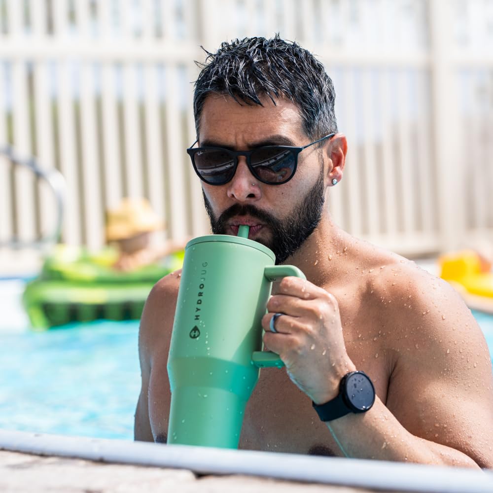 HydroJug Traveler - 32 oz Water Bottle with Handle & Flip Straw - Fits in Cup Holder, Leak Resistant Tumbler-Reusable Insulated Stainless Steel & Rubber Base - Gifts for Women & Men, Pink Sand