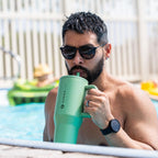 HydroJug Traveler - 32 oz Water Bottle with Handle & Flip Straw - Fits in Cup Holder, Leak Resistant Tumbler-Reusable Insulated Stainless Steel & Rubber Base - Gifts for Women & Men, Pink Sand