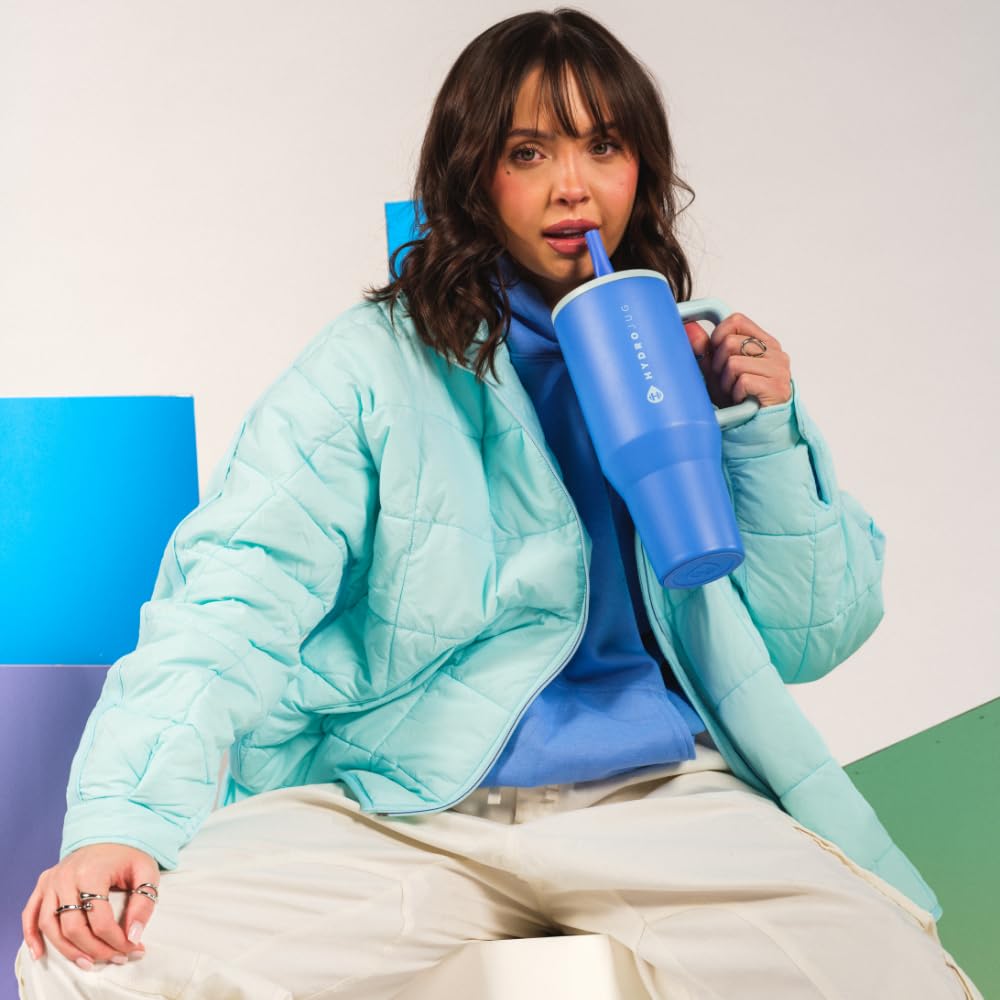 HydroJug Traveler - 32 oz Water Bottle with Handle & Flip Straw - Fits in Cup Holder, Leak Resistant Tumbler-Reusable Insulated Stainless Steel & Rubber Base - Gifts for Women & Men, Pink Sand