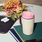 Owala SmoothSip Slider Insulated Stainless Steel Coffee Tumbler, Reusable Iced Coffee Cup, Hot Coffee Travel Mug, BPA Free 12 oz, Tan/White (Vanilla Bean)