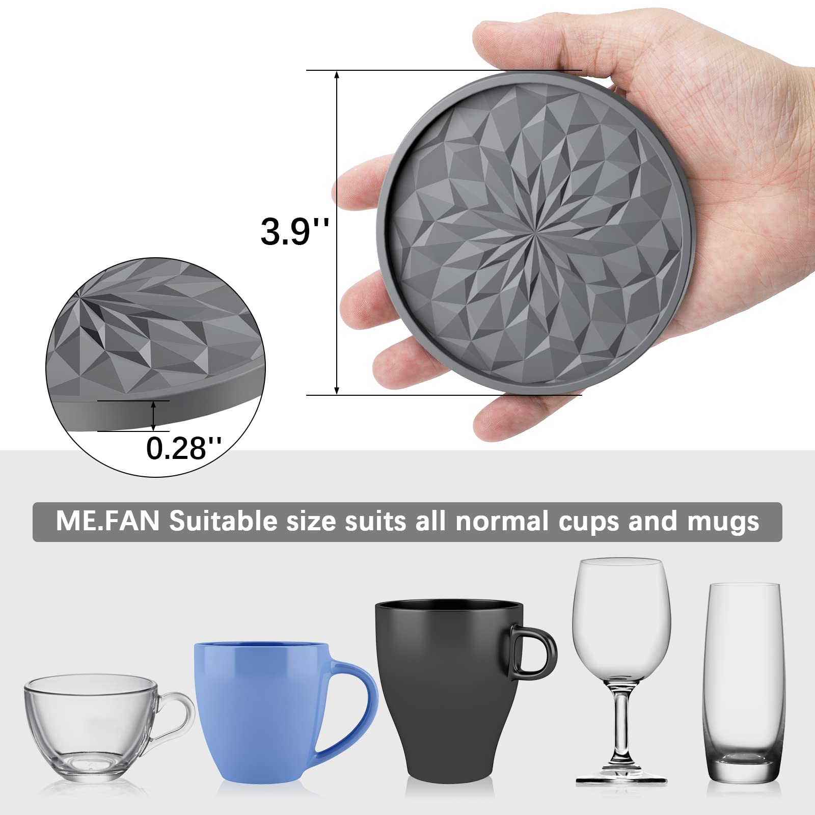 ME.FAN Silicone Coasters with Holder,[6 Pack] Drinking Coasters - Cup Mat for Hot or Cold Drinks, Thickened, Non-Slip, Non-Stick,Deep Tray Black