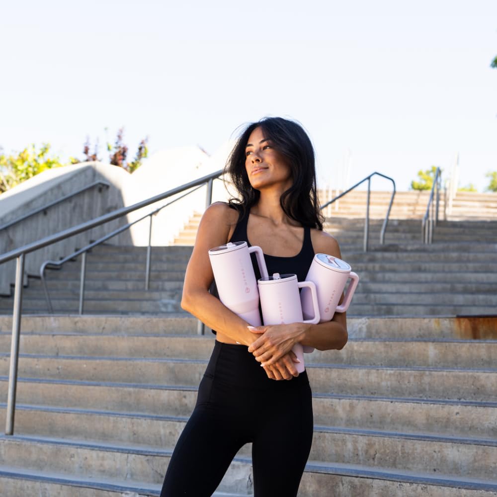 HydroJug Traveler - 32 oz Water Bottle with Handle & Flip Straw - Fits in Cup Holder, Leak Resistant Tumbler-Reusable Insulated Stainless Steel & Rubber Base - Gifts for Women & Men, Pink Sand