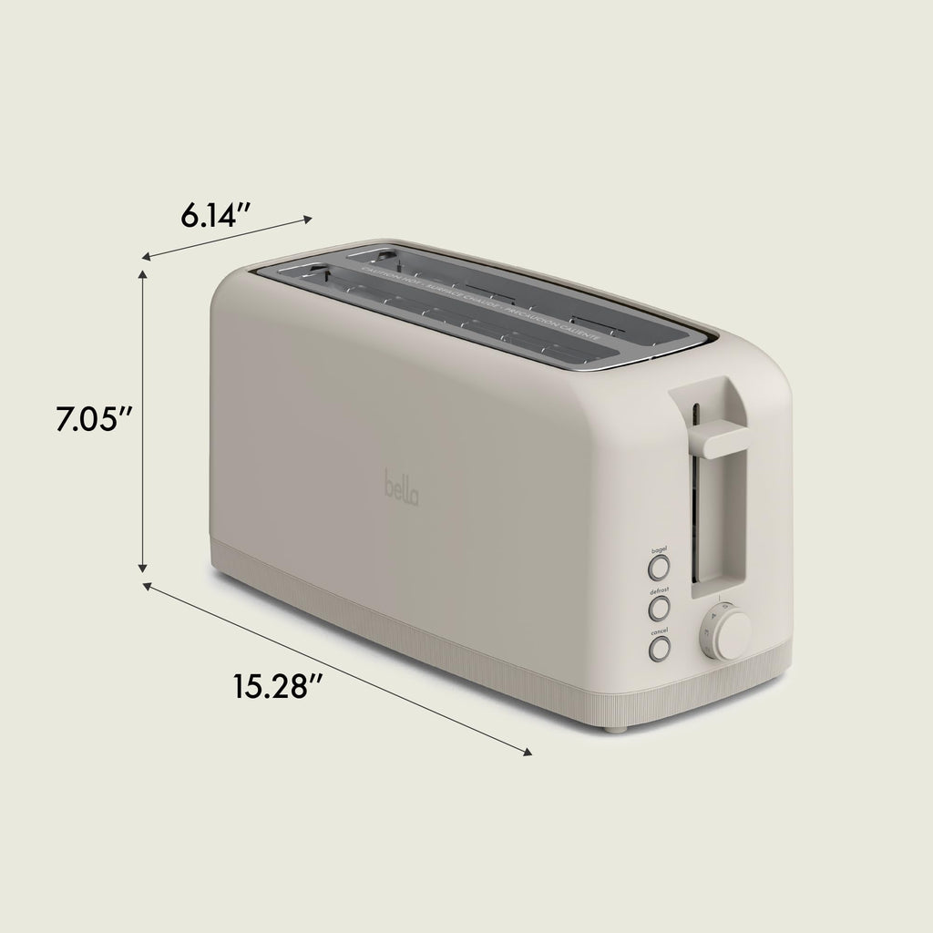 bella 4 Slice Slim Toaster, Fits-anywhere™ Kitchenware, 6 Setting Shade Control with Reheat & Cancel Buttons, Fits Sourdough, 10” Long Slot, Anti Jam & Auto Shutoff, 900 Watt, Oatmilk