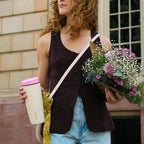 Owala SmoothSip Slider Insulated Stainless Steel Coffee Tumbler, Reusable Iced Coffee Cup, Hot Coffee Travel Mug, BPA Free 12 oz, Tan/White (Vanilla Bean)