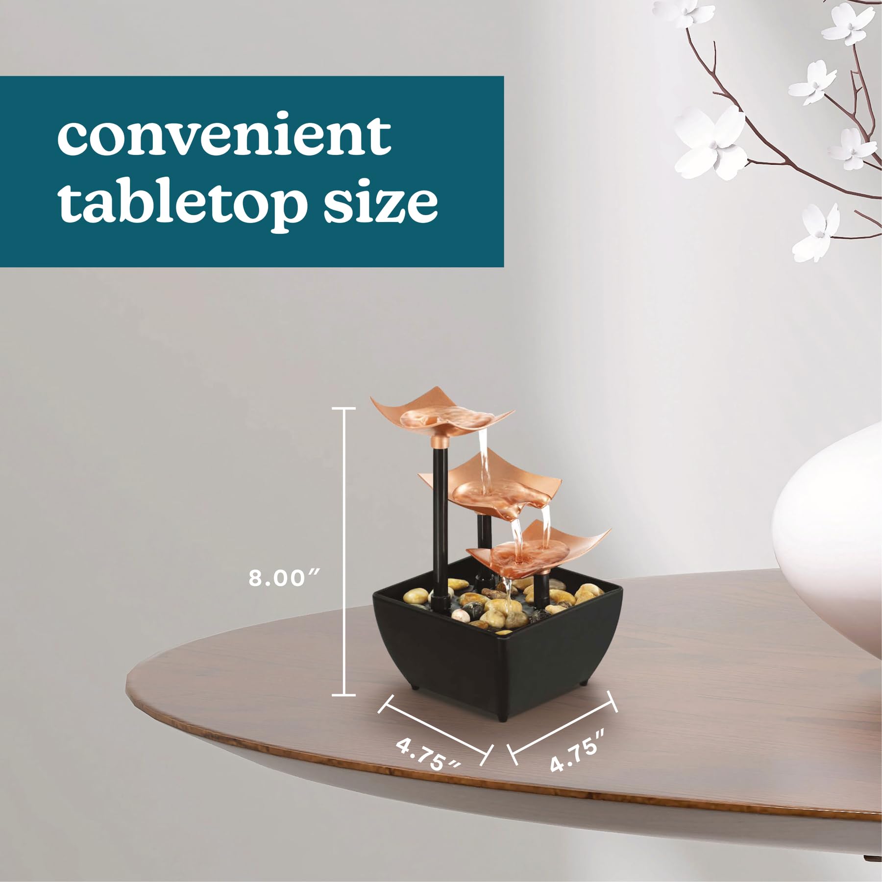 Homedics Tabletop Water Fountain, Home Décor Soothing Sound Machine - Automatic Pump, Deep Basin & Natural River Rocks. Indoor Zen Relaxation for Office, Living Room, or Bedroom, 8.25” Tall