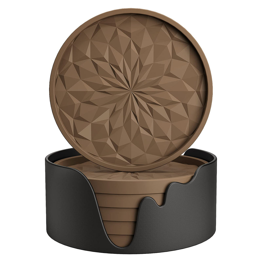 ME.FAN Silicone Coasters with Holder,[6 Pack] Drinking Coasters - Cup Mat for Hot or Cold Drinks, Thickened, Non-Slip, Non-Stick,Deep Tray Black