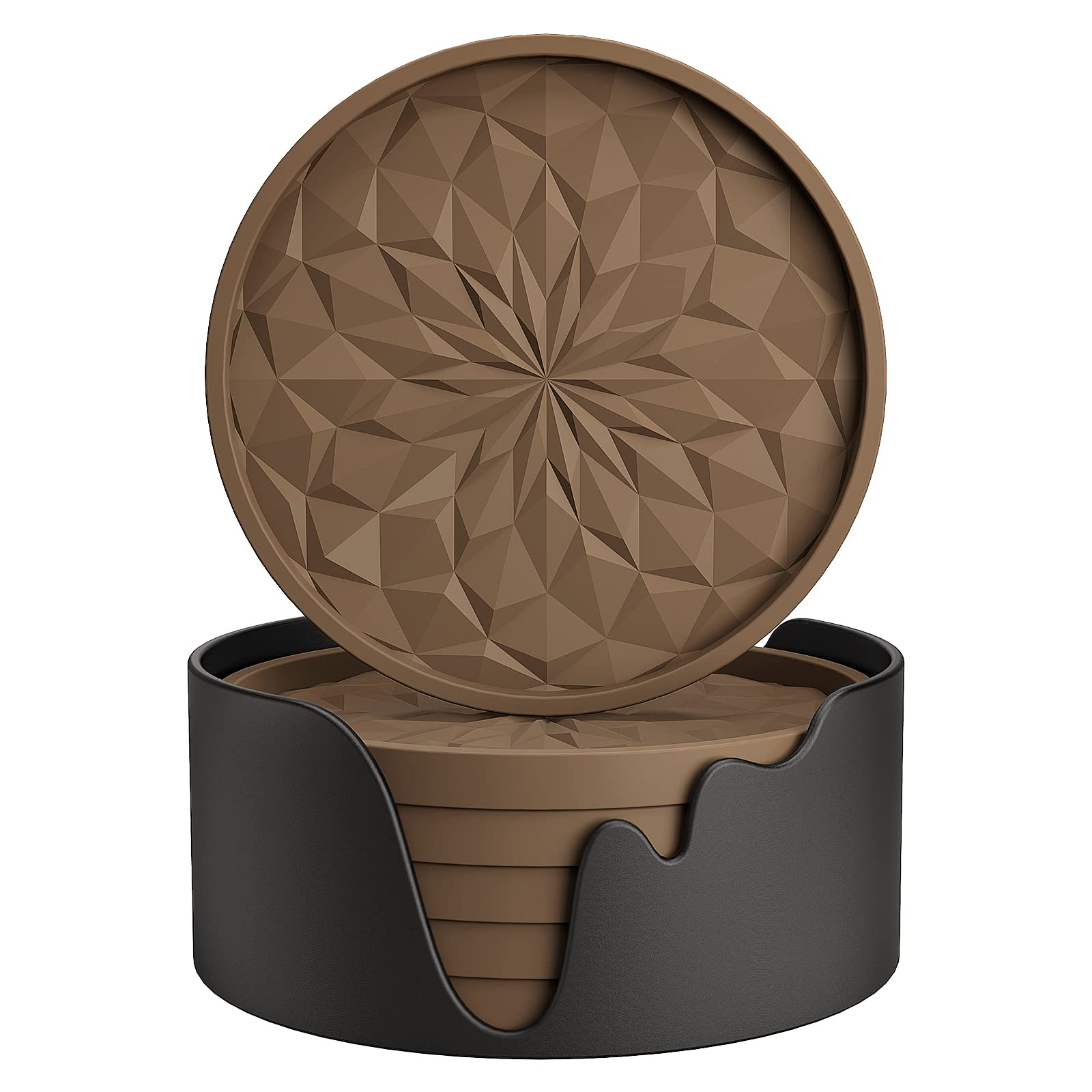 ME.FAN Silicone Coasters with Holder,[6 Pack] Drinking Coasters - Cup Mat for Hot or Cold Drinks, Thickened, Non-Slip, Non-Stick,Deep Tray Black