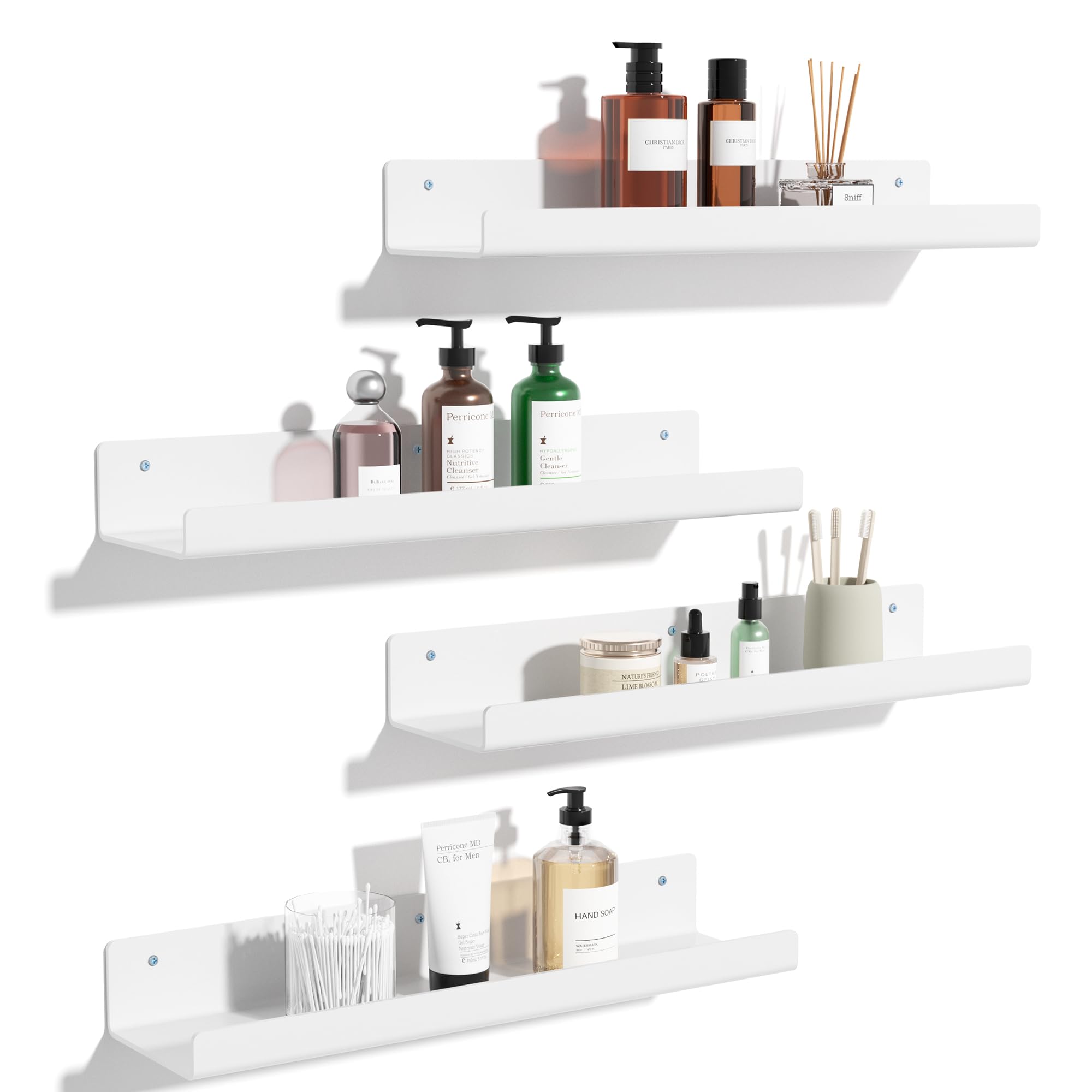 upsimples Acrylic Shelves for Bathroom Storage, 15" Floating Shelves Wall Organizer for Perfume, Make up, Skincare, Kids Bookshelf for Bedroom, Nursery, Living Room Decor, Clear, 4 Pack