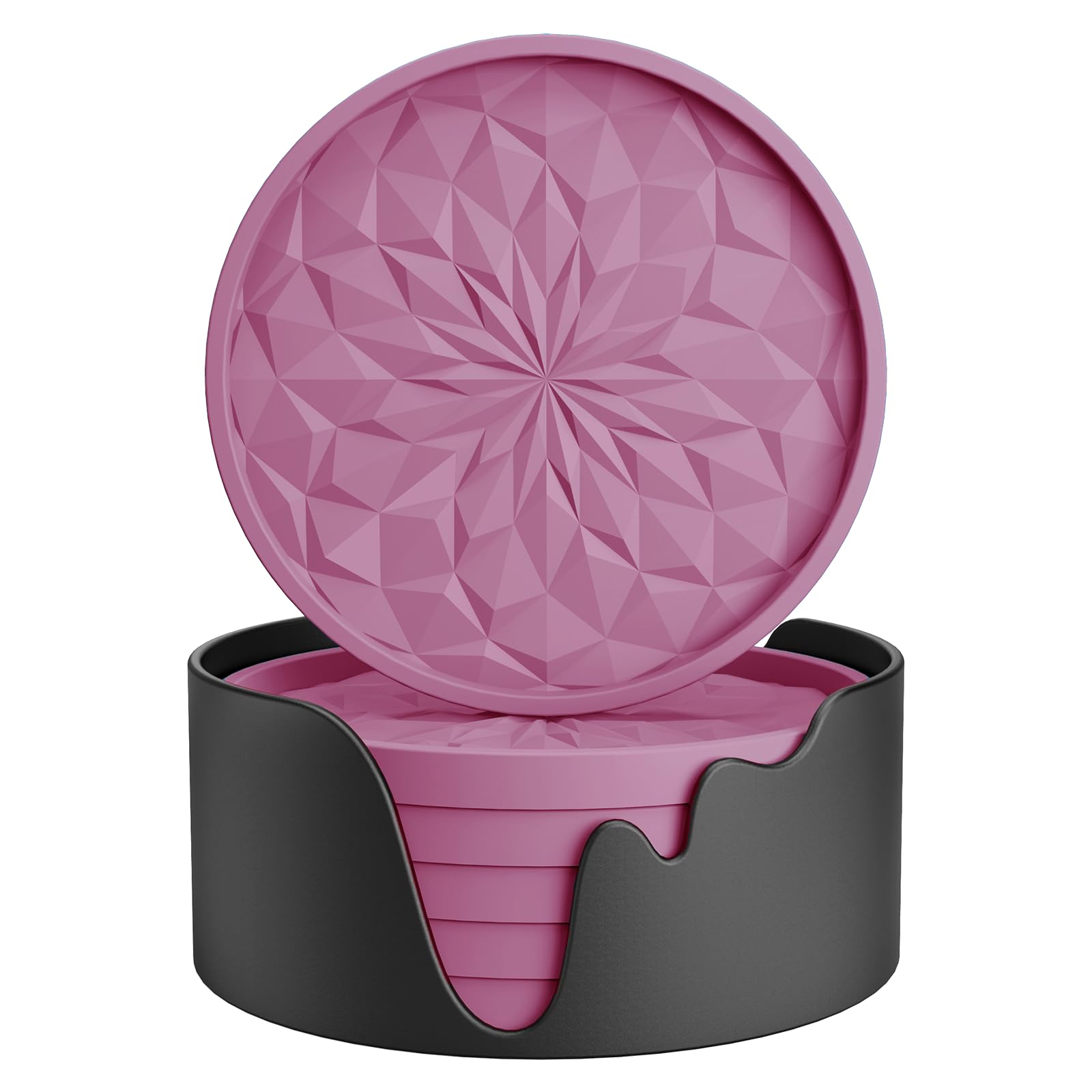 ME.FAN Silicone Coasters with Holder,[6 Pack] Drinking Coasters - Cup Mat for Hot or Cold Drinks, Thickened, Non-Slip, Non-Stick,Deep Tray Black