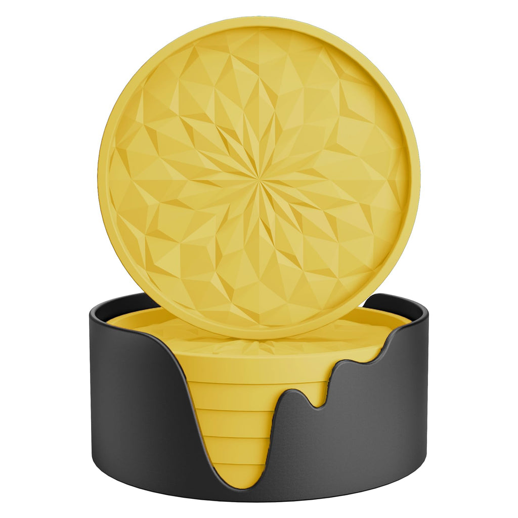 ME.FAN Silicone Coasters with Holder,[6 Pack] Drinking Coasters - Cup Mat for Hot or Cold Drinks, Thickened, Non-Slip, Non-Stick,Deep Tray Black