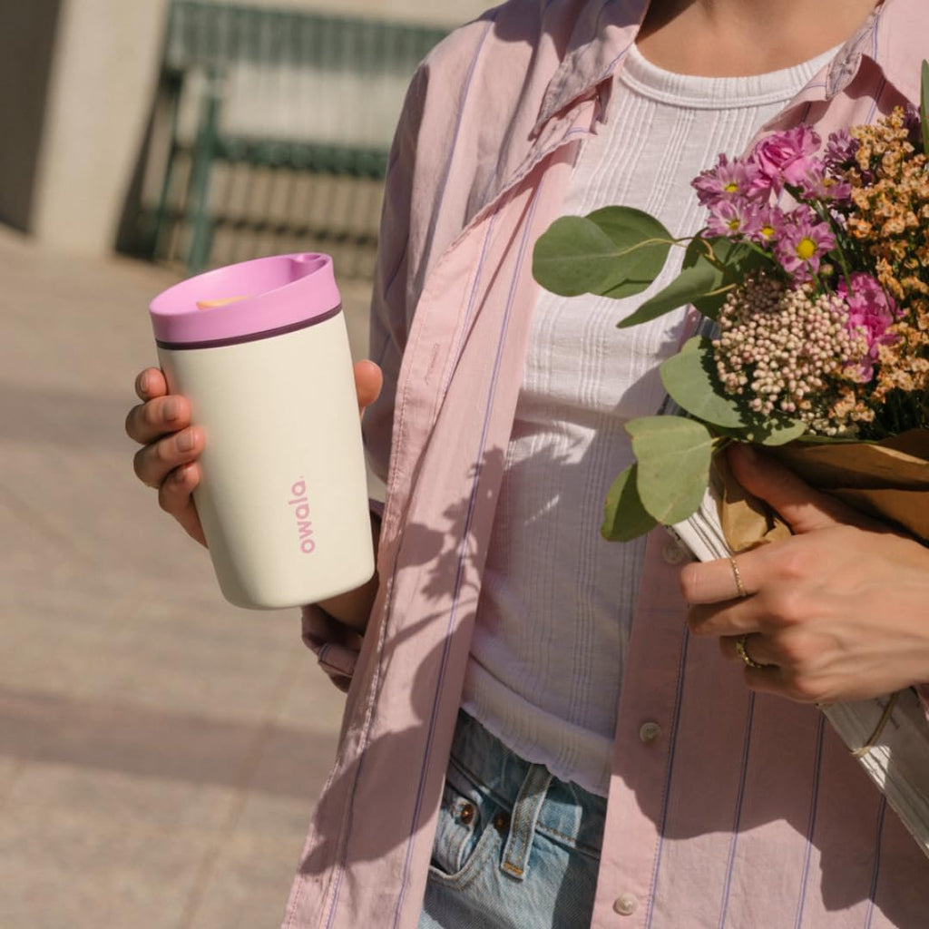 Owala SmoothSip Slider Insulated Stainless Steel Coffee Tumbler, Reusable Iced Coffee Cup, Hot Coffee Travel Mug, BPA Free 12 oz, Tan/White (Vanilla Bean)