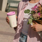 Owala SmoothSip Slider Insulated Stainless Steel Coffee Tumbler, Reusable Iced Coffee Cup, Hot Coffee Travel Mug, BPA Free 12 oz, Tan/White (Vanilla Bean)