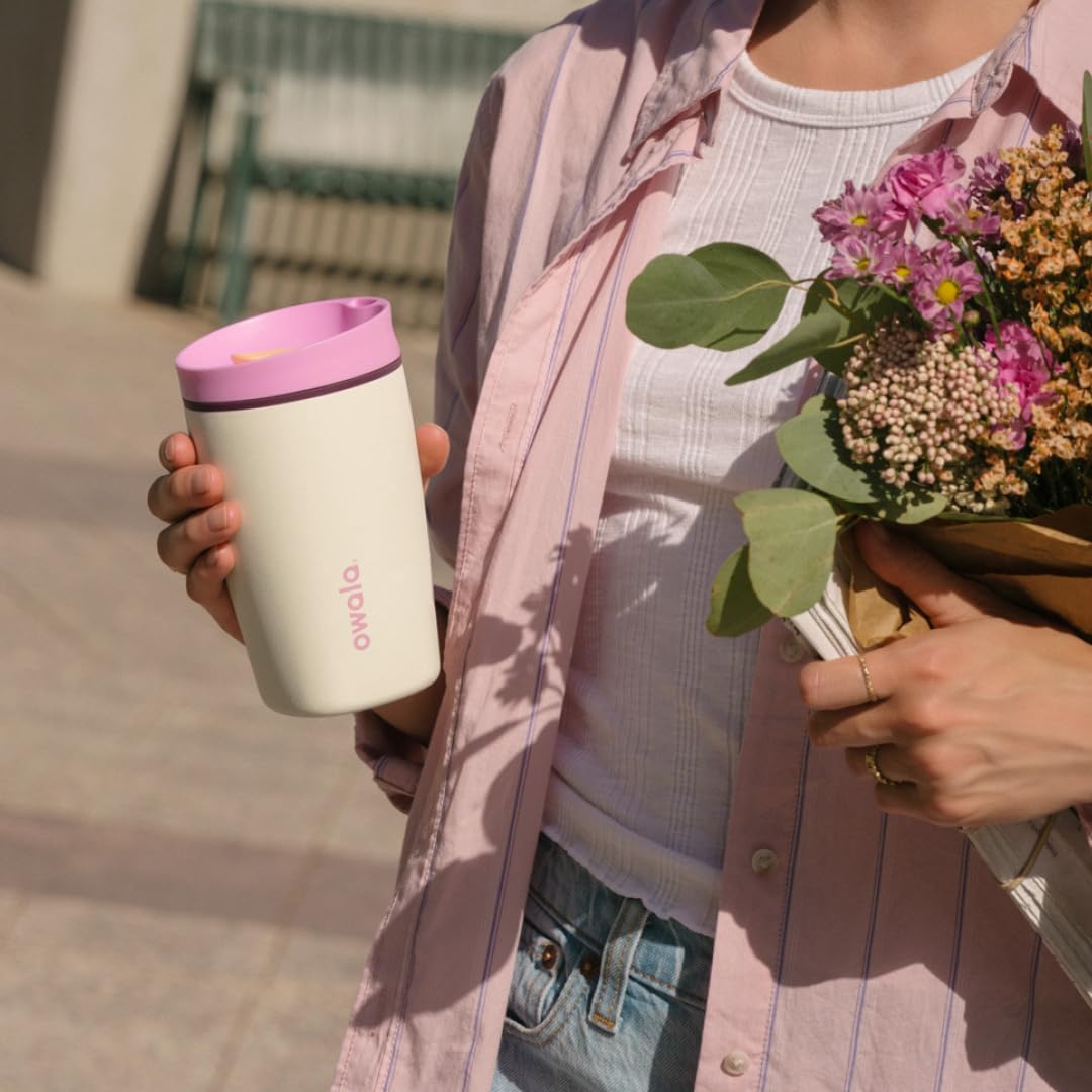 Owala SmoothSip Slider Insulated Stainless Steel Coffee Tumbler, Reusable Iced Coffee Cup, Hot Coffee Travel Mug, BPA Free 12 oz, Tan/White (Vanilla Bean)