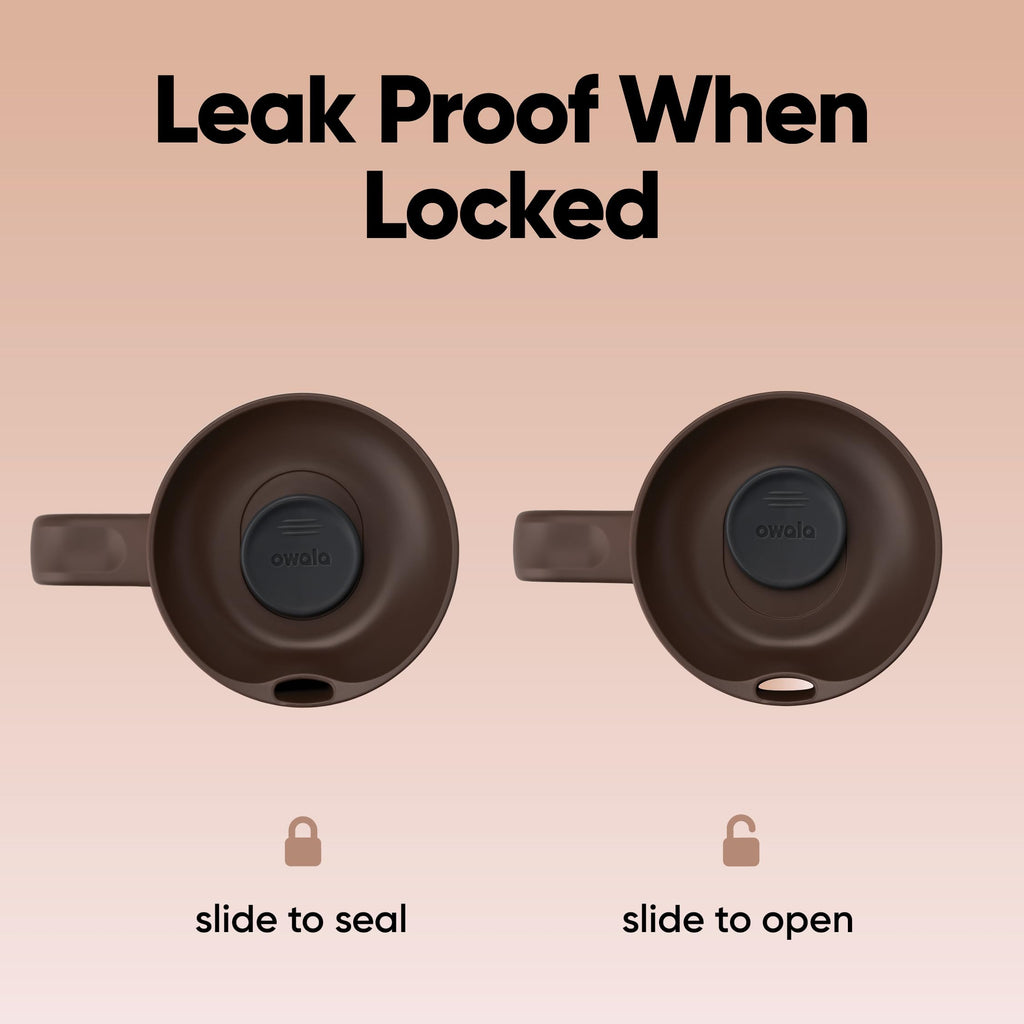 Owala SmoothSip Slider Insulated Stainless Steel Coffee Tumbler, Reusable Iced Coffee Cup, Hot Coffee Travel Mug, BPA Free 12 oz, Tan/White (Vanilla Bean)