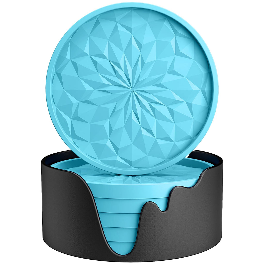 ME.FAN Silicone Coasters with Holder,[6 Pack] Drinking Coasters - Cup Mat for Hot or Cold Drinks, Thickened, Non-Slip, Non-Stick,Deep Tray Black