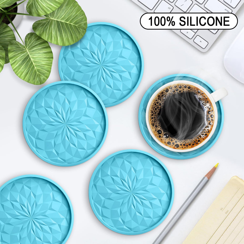 ME.FAN Silicone Coasters with Holder,[6 Pack] Drinking Coasters - Cup Mat for Hot or Cold Drinks, Thickened, Non-Slip, Non-Stick,Deep Tray Black