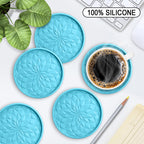 ME.FAN Silicone Coasters with Holder,[6 Pack] Drinking Coasters - Cup Mat for Hot or Cold Drinks, Thickened, Non-Slip, Non-Stick,Deep Tray Black