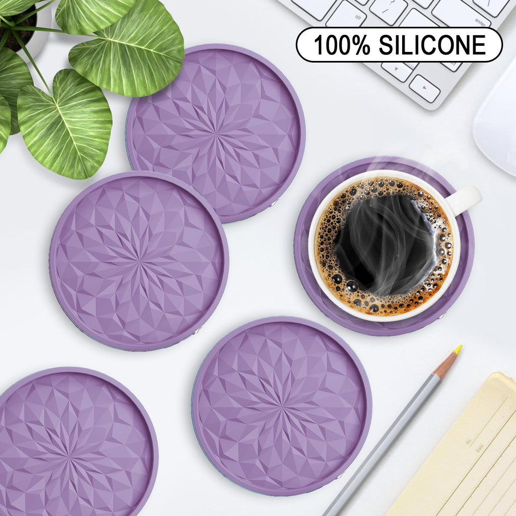 ME.FAN Silicone Coasters with Holder,[6 Pack] Drinking Coasters - Cup Mat for Hot or Cold Drinks, Thickened, Non-Slip, Non-Stick,Deep Tray Black