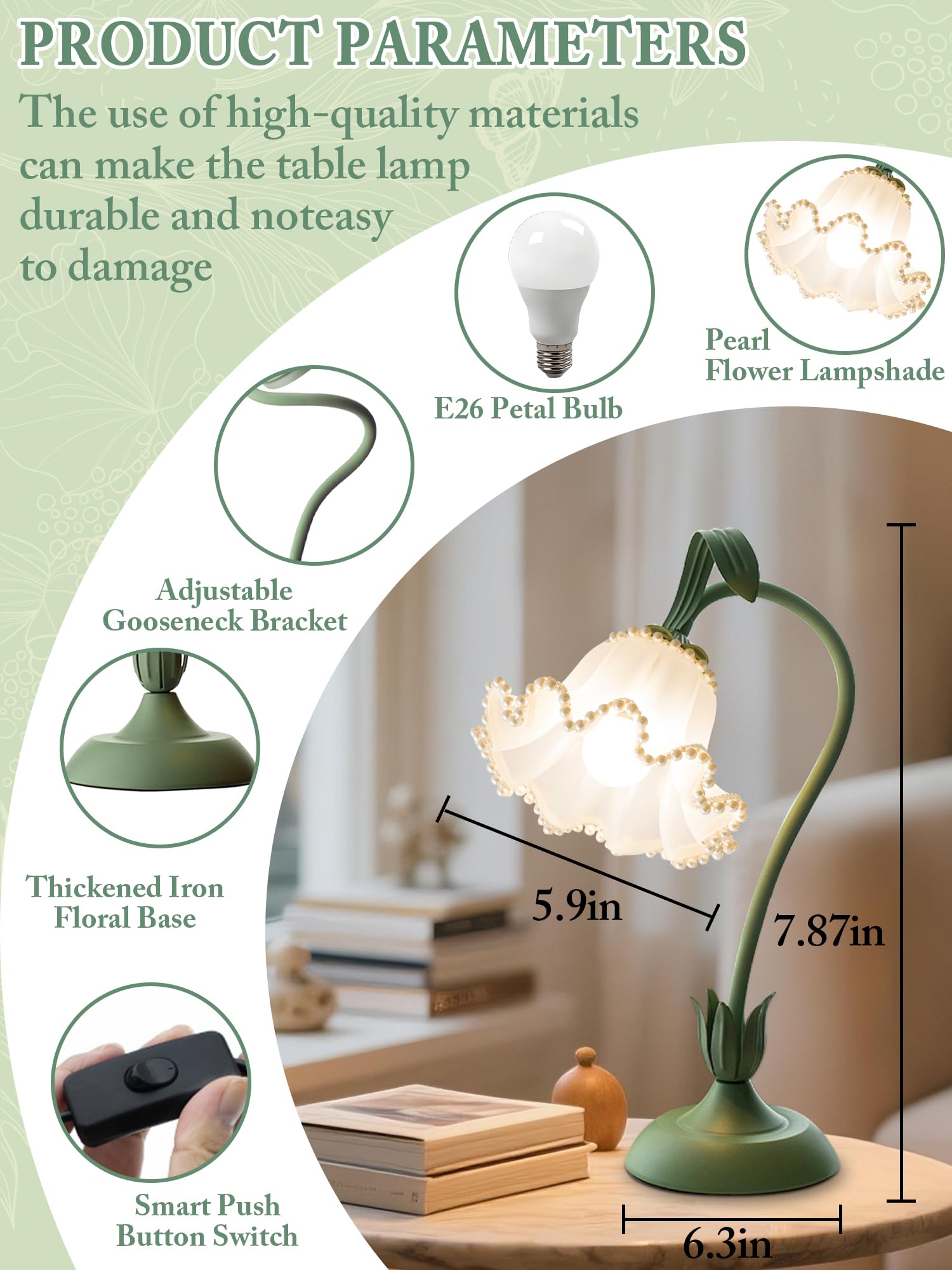 Flower Table Lamp,LED Reading Light Bedside Vintage Flower Night Light,3 Colors Modes Kawaii Bedside Lamps Decor,Living Room Bedroom Room Lighting Table Lamps Home Decoration (Green)