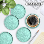 ME.FAN Silicone Coasters with Holder,[6 Pack] Drinking Coasters - Cup Mat for Hot or Cold Drinks, Thickened, Non-Slip, Non-Stick,Deep Tray Black