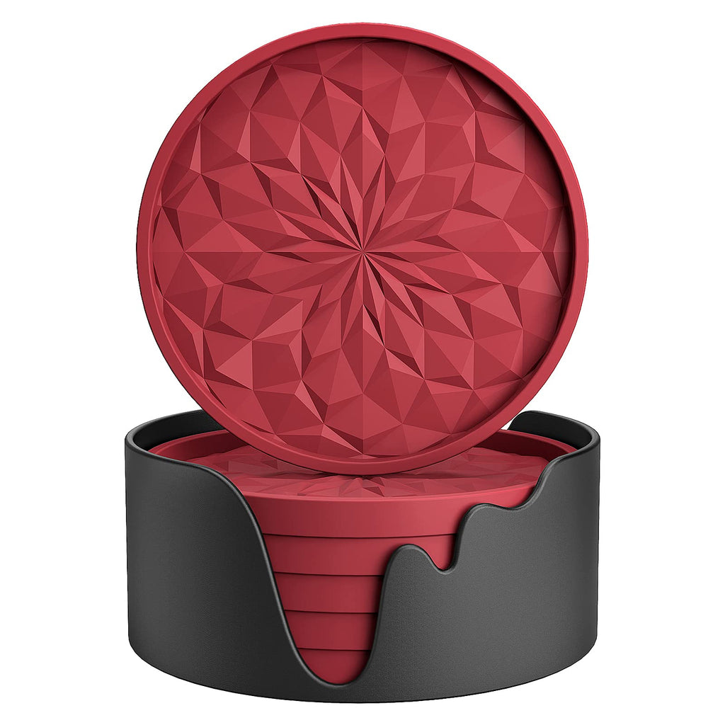 ME.FAN Silicone Coasters with Holder,[6 Pack] Drinking Coasters - Cup Mat for Hot or Cold Drinks, Thickened, Non-Slip, Non-Stick,Deep Tray Black