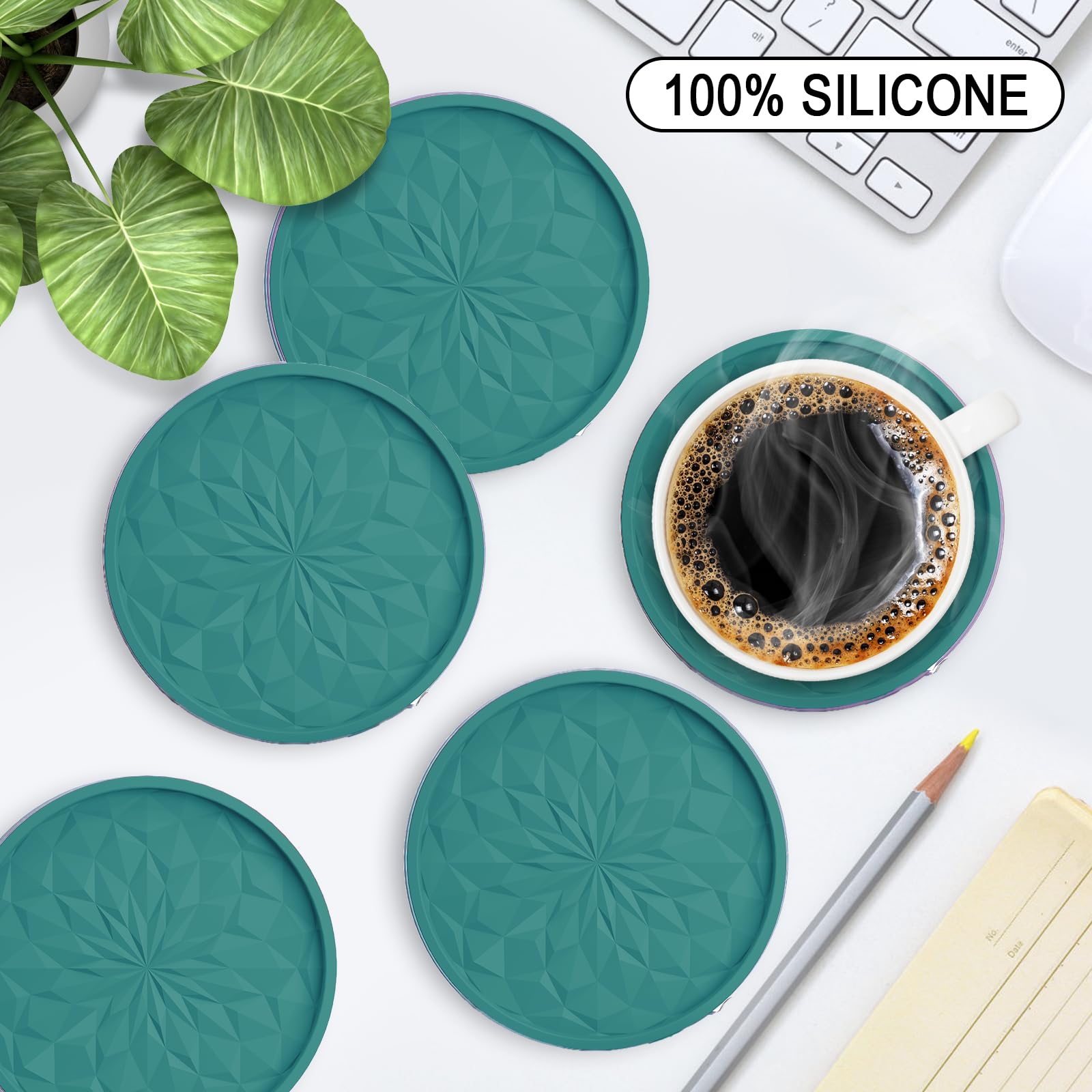 ME.FAN Silicone Coasters with Holder,[6 Pack] Drinking Coasters - Cup Mat for Hot or Cold Drinks, Thickened, Non-Slip, Non-Stick,Deep Tray Black