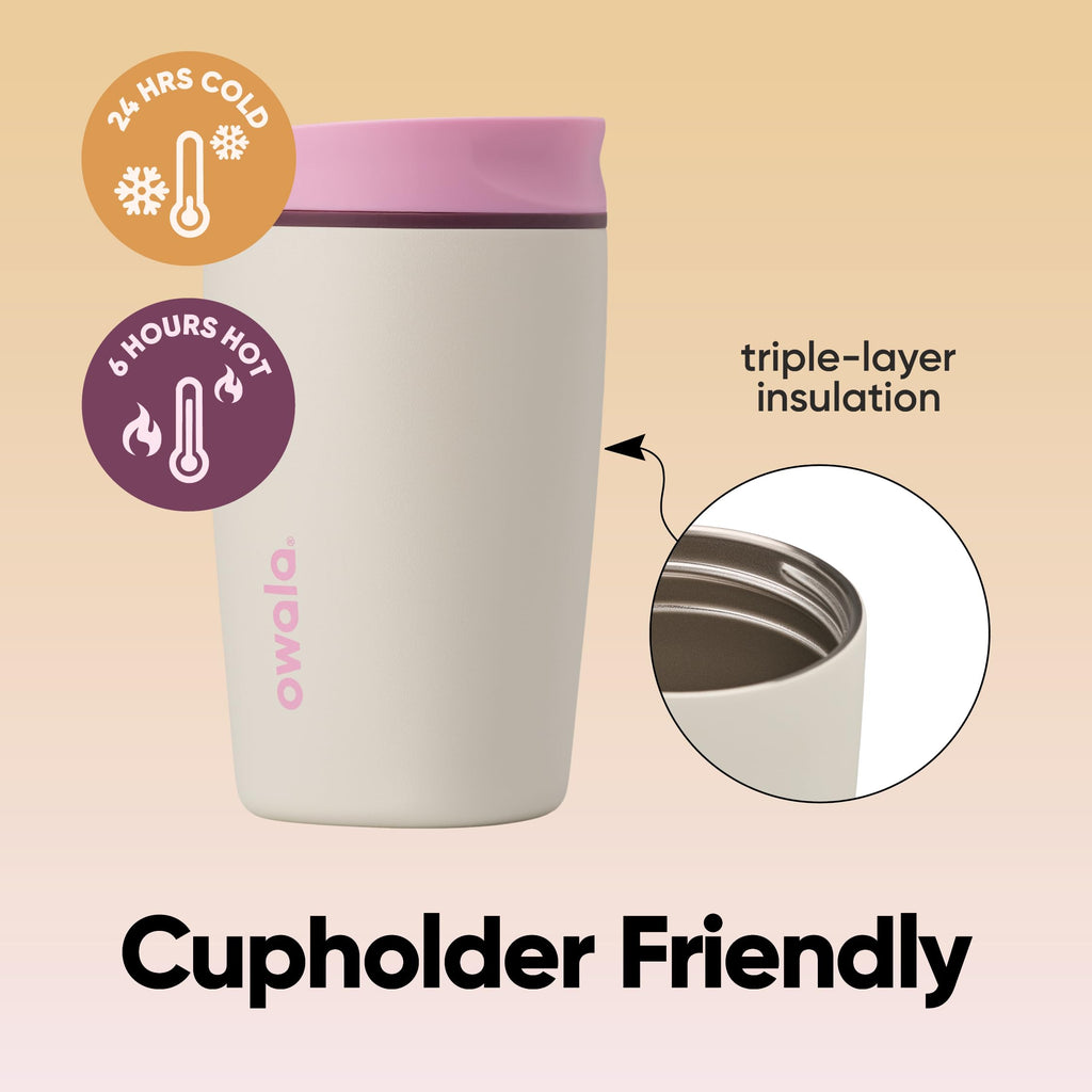 Owala SmoothSip Slider Insulated Stainless Steel Coffee Tumbler, Reusable Iced Coffee Cup, Hot Coffee Travel Mug, BPA Free 12 oz, Tan/White (Vanilla Bean)