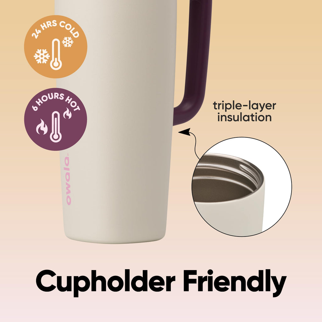 Owala SmoothSip Slider Insulated Stainless Steel Coffee Tumbler, Reusable Iced Coffee Cup, Hot Coffee Travel Mug, BPA Free 12 oz, Tan/White (Vanilla Bean)