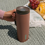 Owala SmoothSip Slider Insulated Stainless Steel Coffee Tumbler, Reusable Iced Coffee Cup, Hot Coffee Travel Mug, BPA Free 12 oz, Tan/White (Vanilla Bean)