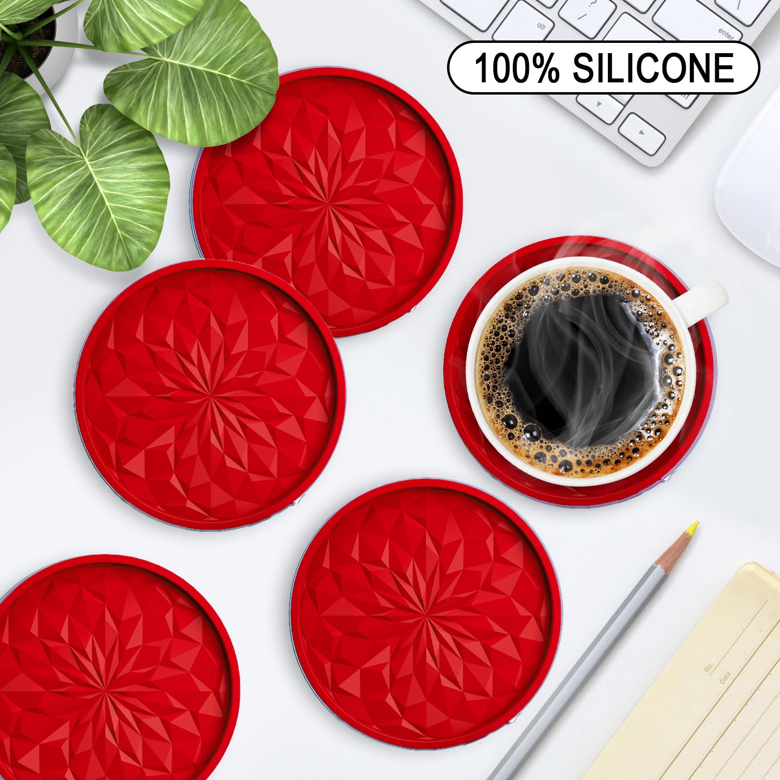 ME.FAN Silicone Coasters with Holder,[6 Pack] Drinking Coasters - Cup Mat for Hot or Cold Drinks, Thickened, Non-Slip, Non-Stick,Deep Tray Black