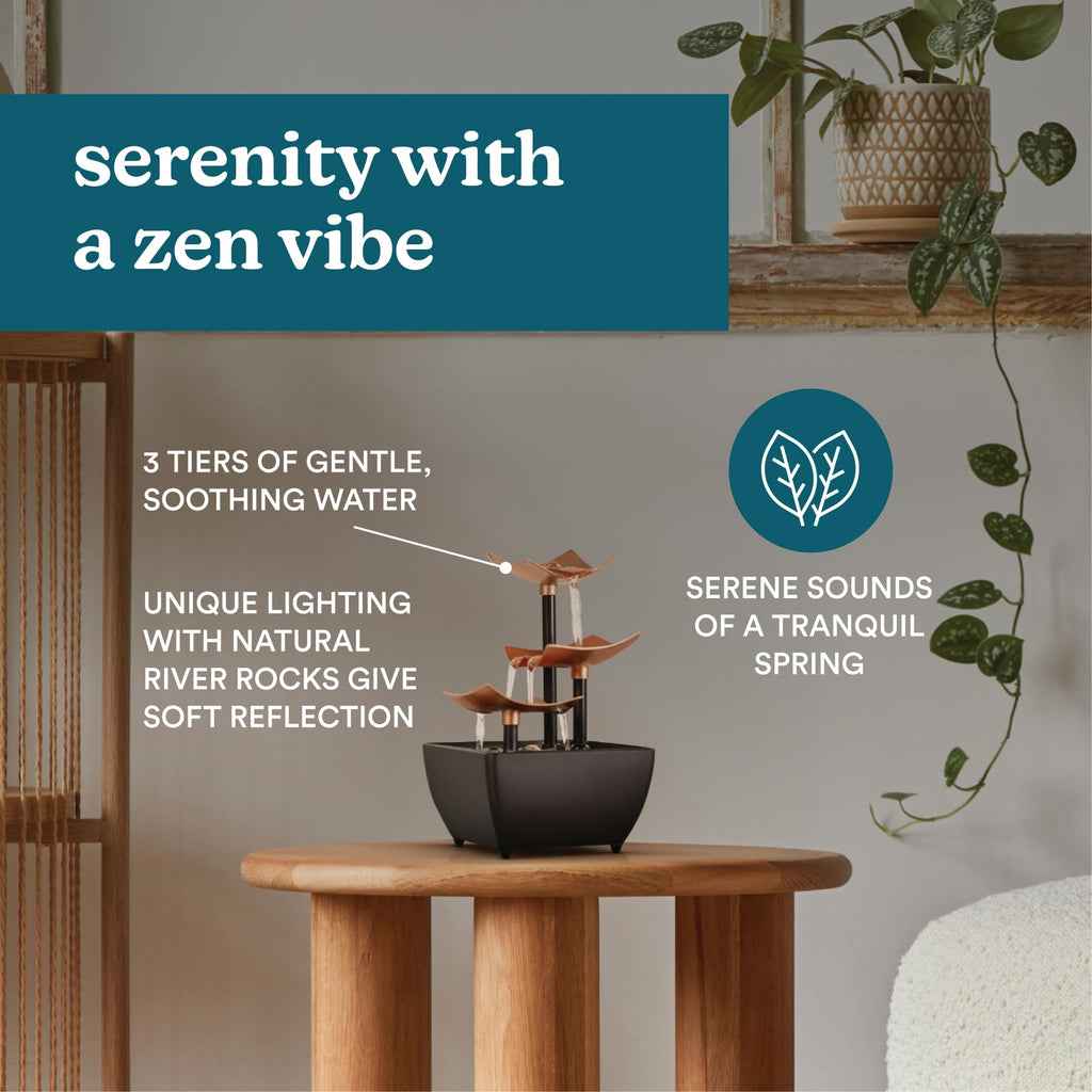 Homedics Tabletop Water Fountain, Home Décor Soothing Sound Machine - Automatic Pump, Deep Basin & Natural River Rocks. Indoor Zen Relaxation for Office, Living Room, or Bedroom, 8.25” Tall