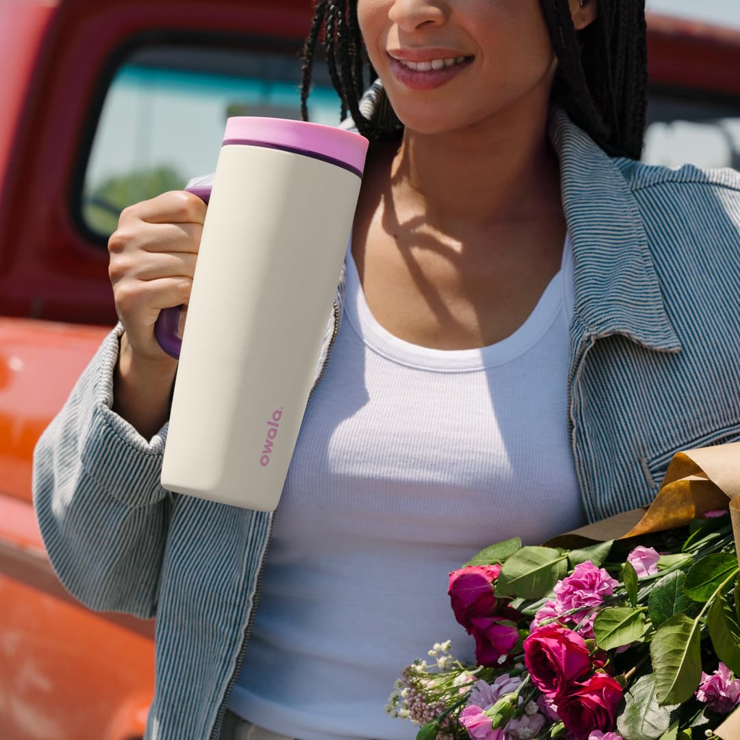 Owala SmoothSip Slider Insulated Stainless Steel Coffee Tumbler, Reusable Iced Coffee Cup, Hot Coffee Travel Mug, BPA Free 12 oz, Tan/White (Vanilla Bean)