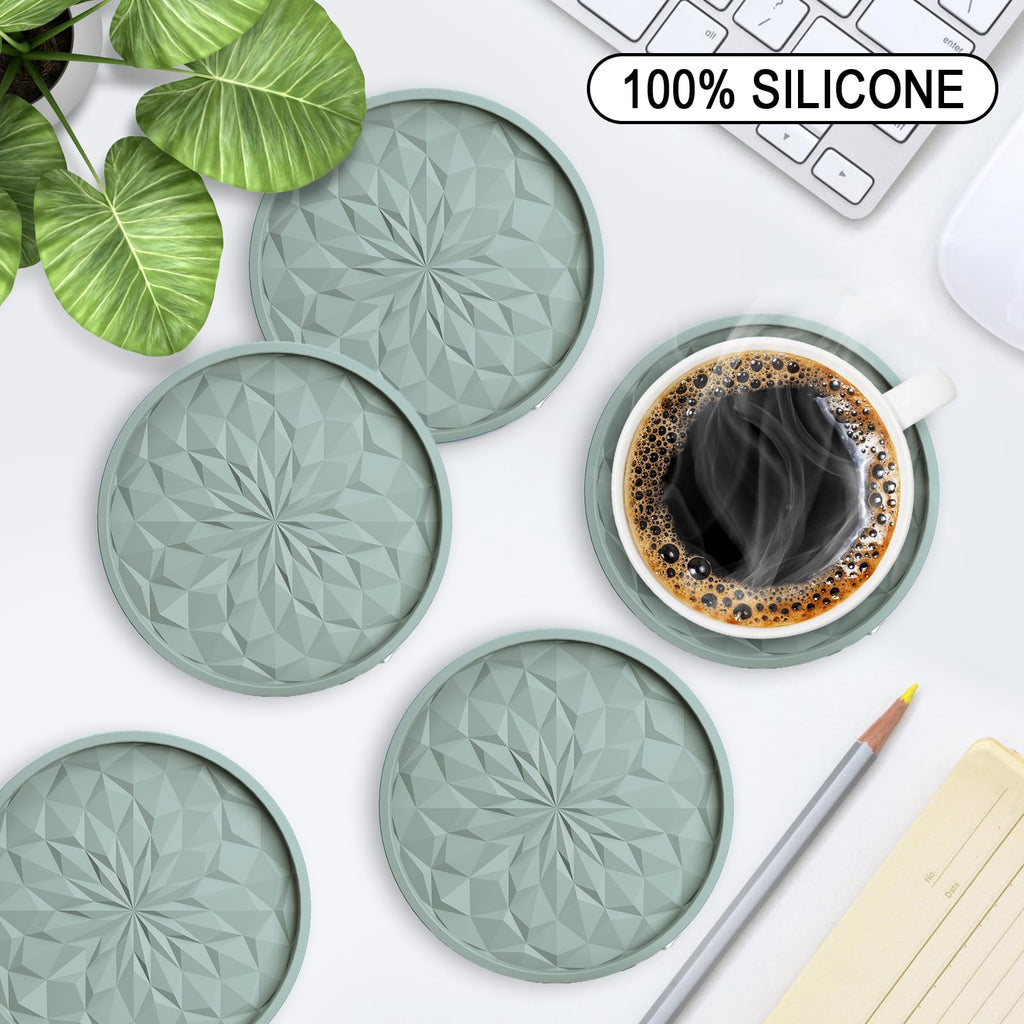 ME.FAN Silicone Coasters with Holder,[6 Pack] Drinking Coasters - Cup Mat for Hot or Cold Drinks, Thickened, Non-Slip, Non-Stick,Deep Tray Black