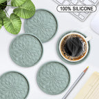ME.FAN Silicone Coasters with Holder,[6 Pack] Drinking Coasters - Cup Mat for Hot or Cold Drinks, Thickened, Non-Slip, Non-Stick,Deep Tray Black
